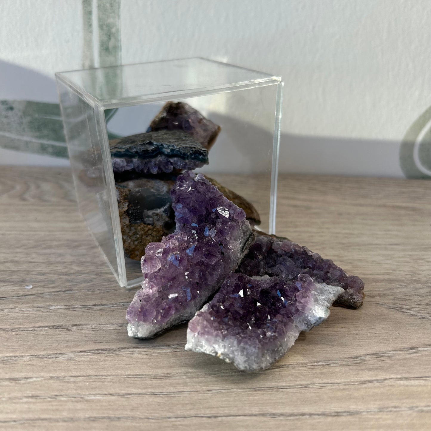 Amethyst Cluster 1-5", healing crystals for stress relief, mood stabilization, spiritual growth, pictured with natural stone textures.