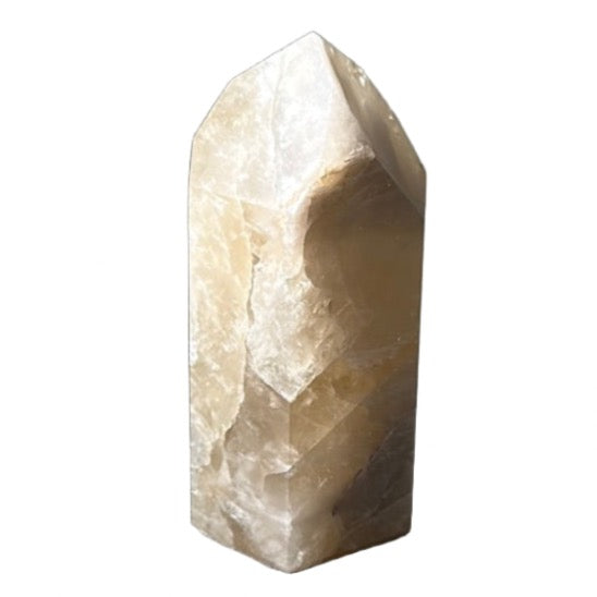 Citrine tower crystal, 6.91 oz, known for attracting wealth and enhancing intuition and self-confidence.