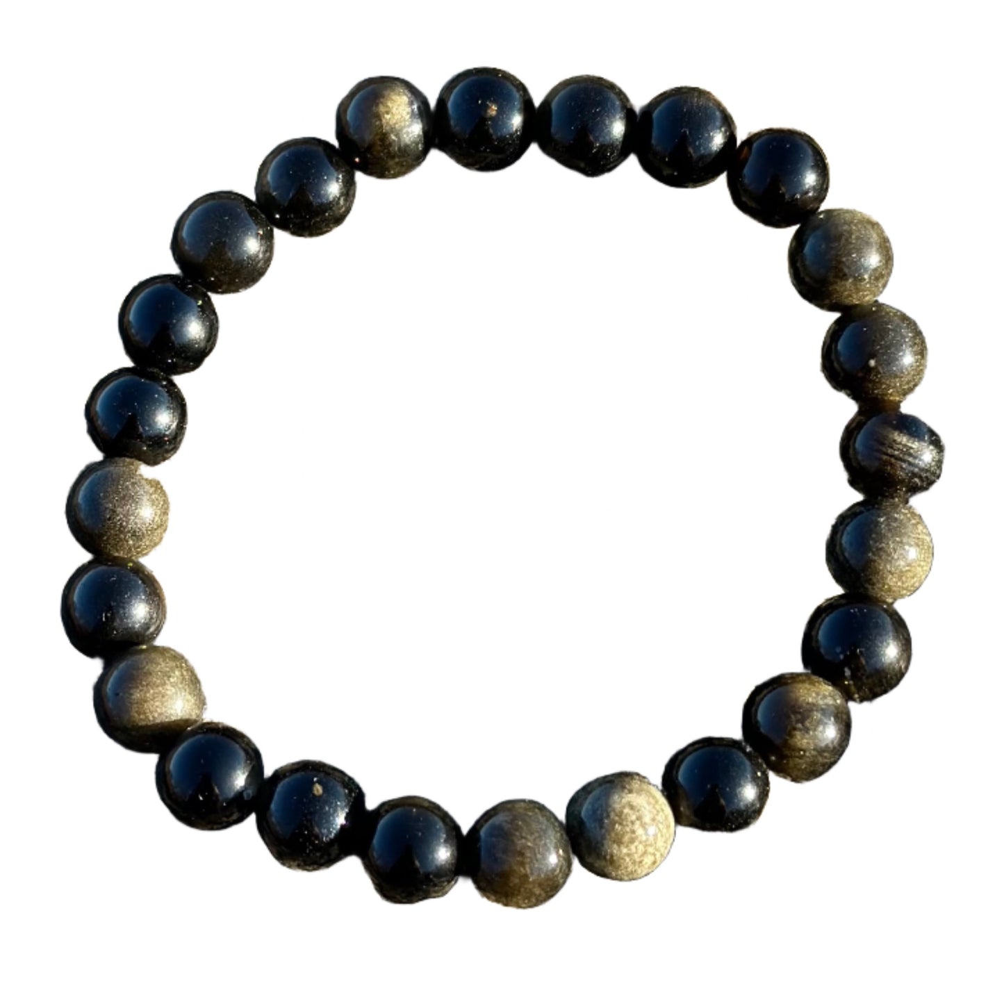 Golden Sheen Obsidian bracelet showcasing 8MM beads with shimmering golden flakes on a glossy black surface.