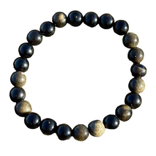 Golden Sheen Obsidian bracelet showcasing 8MM beads with shimmering golden flakes on a glossy black surface.