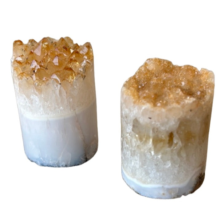 Citrine cylinder crystals 2-2.5" showcasing natural beauty and energizing properties for wealth and success.