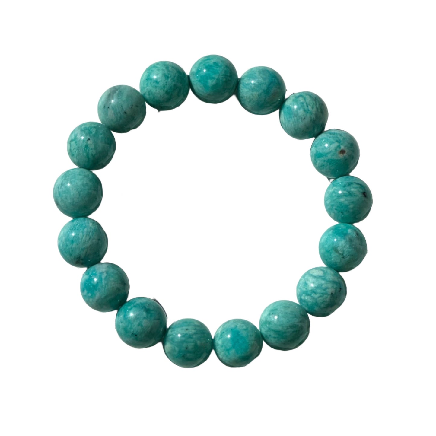 Amazonite bracelet with 12MM beads, known for calming the brain and balancing energies, displayed in a circular arrangement.