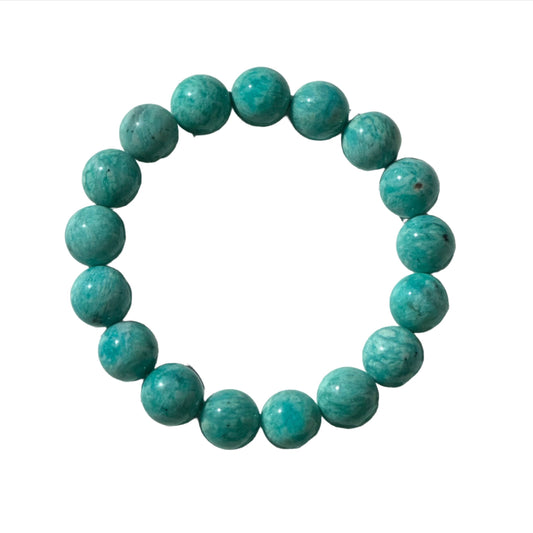 Amazonite bracelet with 12MM beads, known for calming the brain and balancing energies, displayed in a circular arrangement.