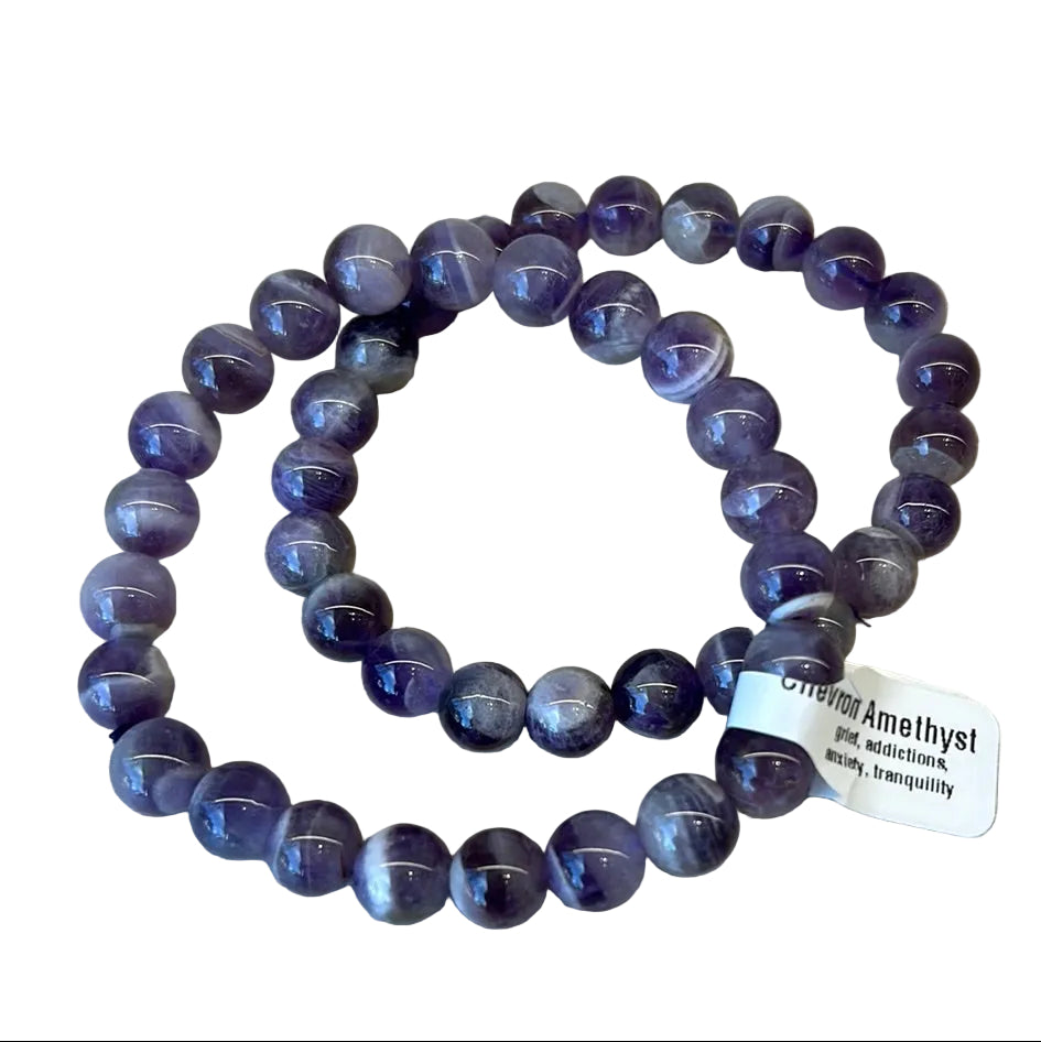 Chevron amethyst bracelet with 8MM beads showcasing unique chevron pattern, promoting relaxation and calmness.