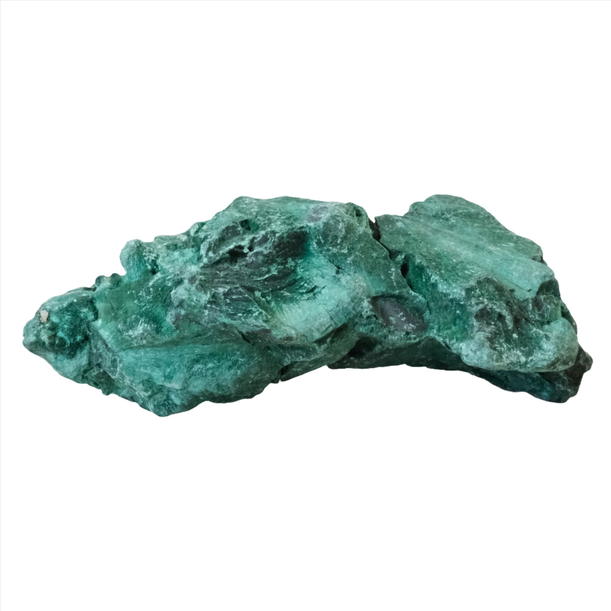 Raw malachite stone, 145g, vibrant green color, known for healing properties and detoxifying benefits.