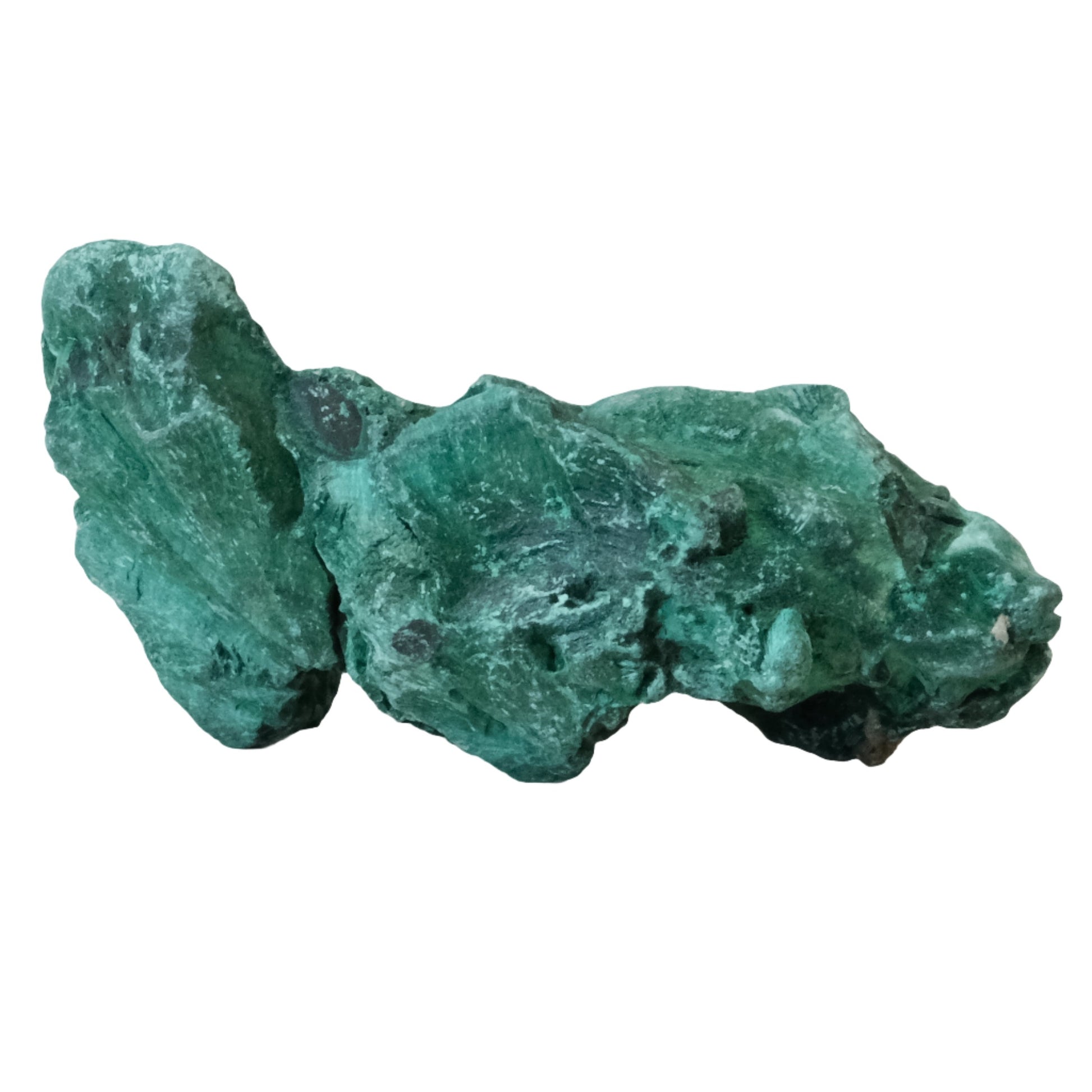 Raw form malachite gemstone, vibrant green color, weighing 145g, known for healing properties and detoxifying benefits.