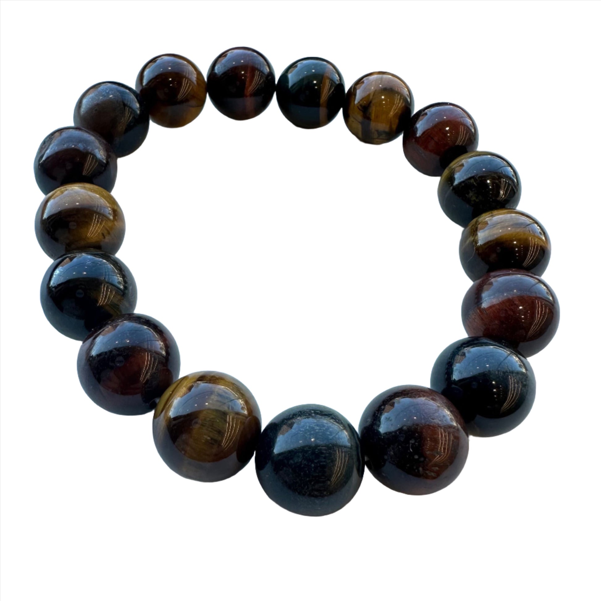 Tri Color Tiger Eye Bracelet 12mm for focus, protection, good luck, mood stabilization, and detoxification.
