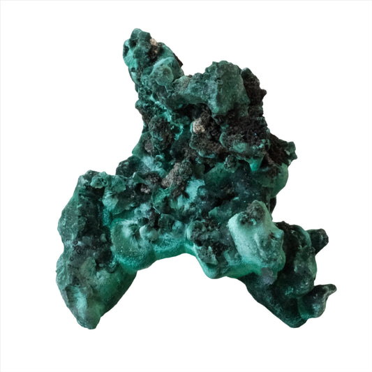 Raw malachite gemstone in vibrant green, 333g, believed to have healing properties and detoxifying effects.