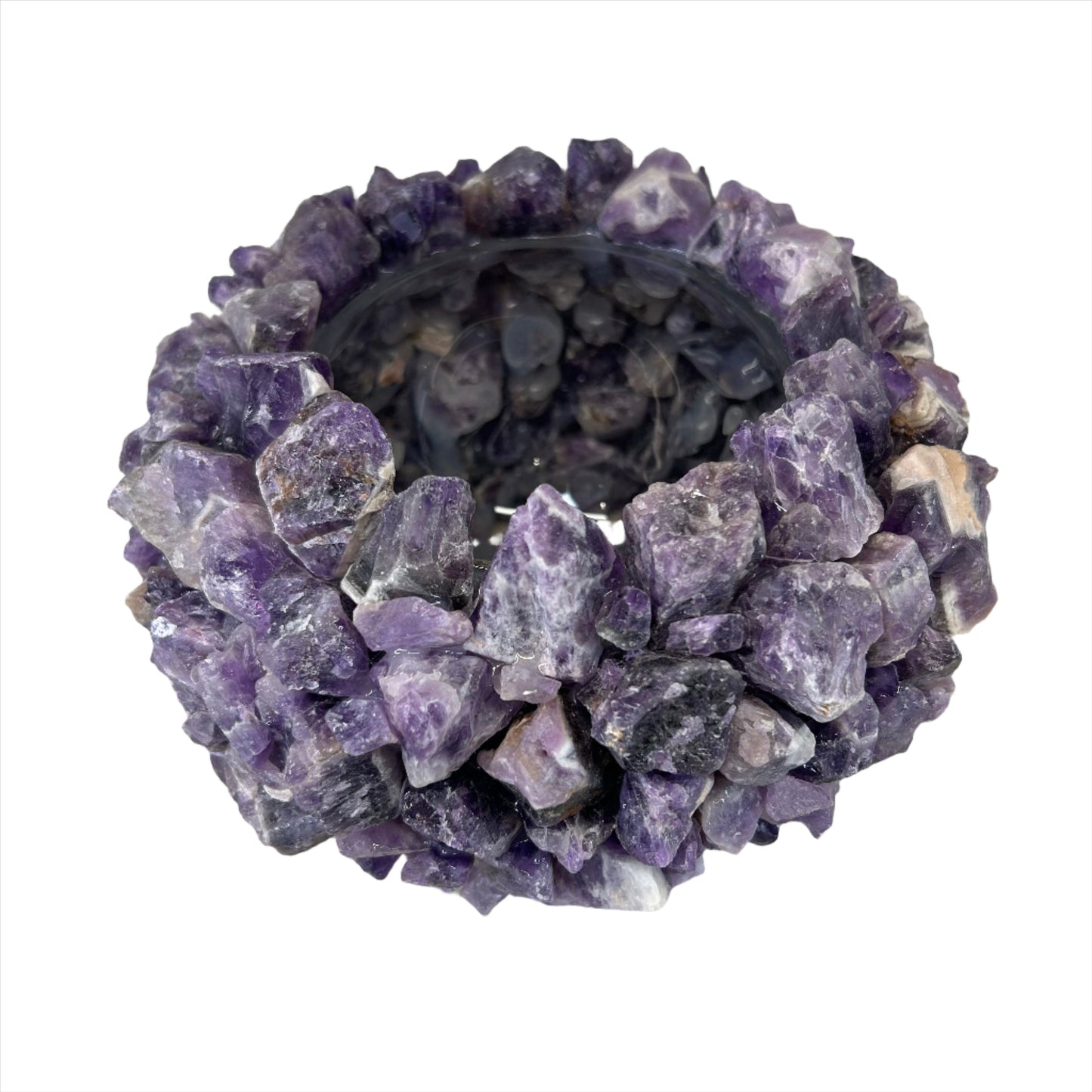Natural Amethyst Gemstone Vase with healing crystals, ideal for candles or plants, enhancing spaces with positive energy and beauty.