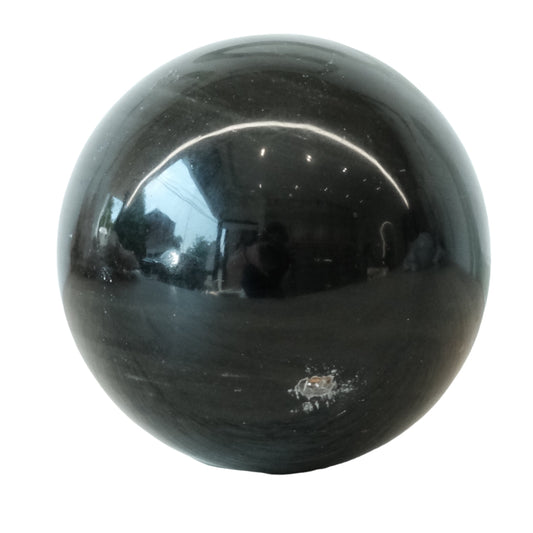 Rainbow Obsidian sphere, 2.1” diameter, 213g, showcasing reflective black surface and smooth finish for crystal enthusiasts.