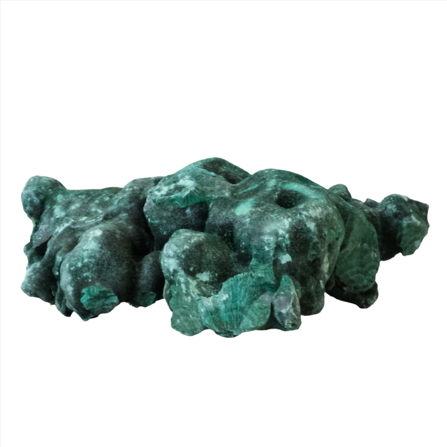 Natural raw malachite gemstone in vibrant green, weighing 218g, known for healing properties and detoxifying benefits.