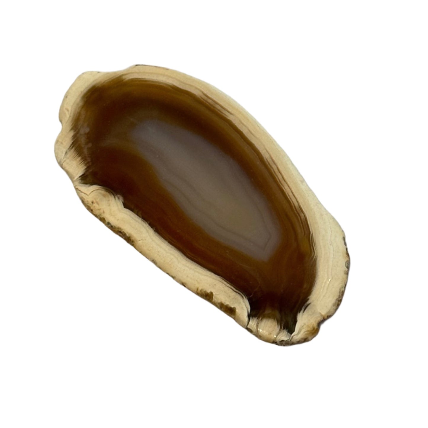 Natural agate slice 2-4 inches with brown and beige tones, used for rebalancing and harmonizing mind and spirit.