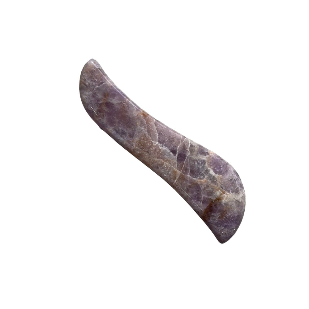Chevron Amethyst Gua Sha healing crystal for stress relief and wellness.