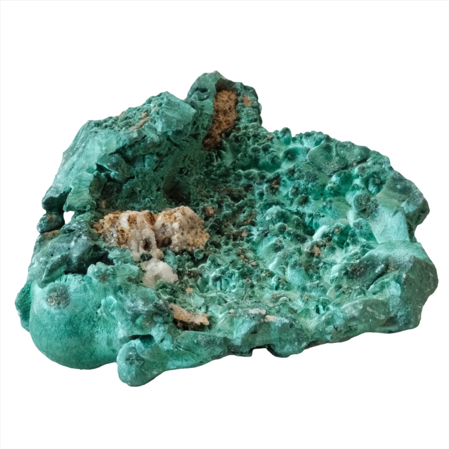 Raw malachite gemstone in vibrant green, showing natural texture and form, weighing 305g, known for its healing properties.