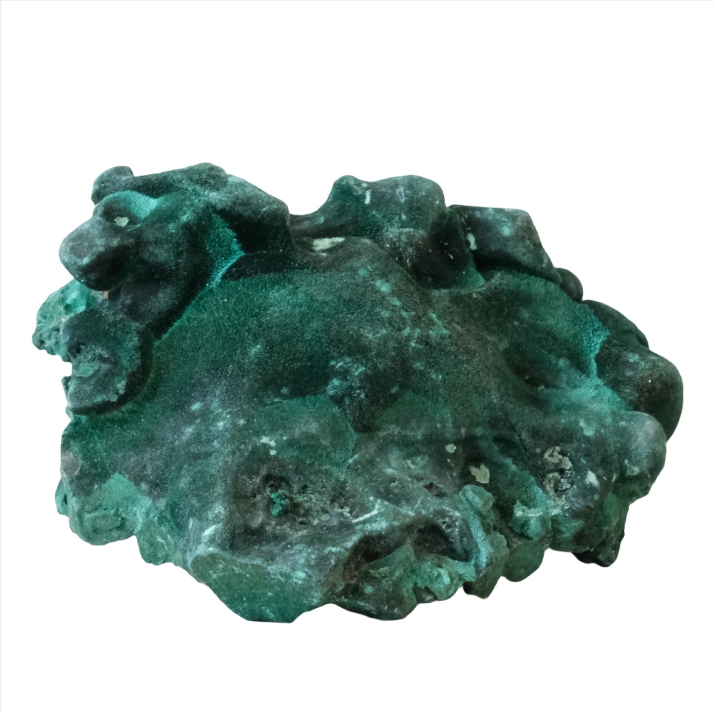 Raw malachite stone, vibrant green, 305g, showcasing natural texture and believed to have healing properties.