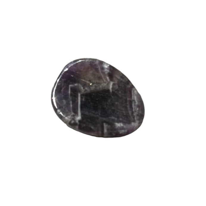 Chevron amethyst worry stone with distinctive pattern, used for calmness, stress relief, and relaxation in healing crystals.
