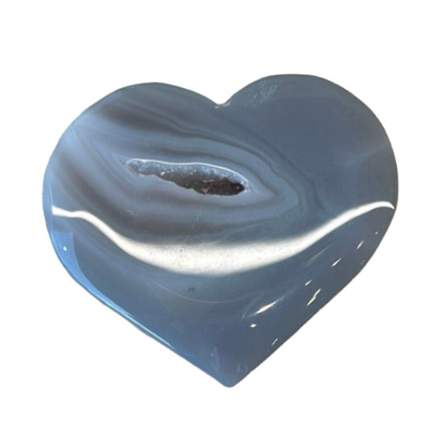 Polished druzy agate heart gemstone in shades of blue and gray with natural crystal patterns.