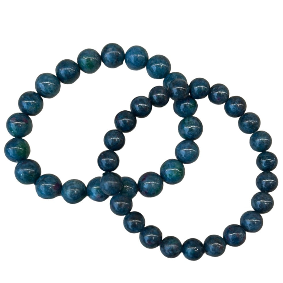 Ruby kyanite bracelet 8-10mm with deep blue beads showcasing natural gemstone beauty and healing energy properties.