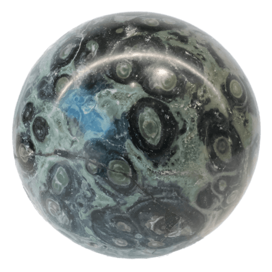 Kambaba Jasper Sphere 449g, promoting tranquility and boosting self-confidence, featuring unique green and black patterns.