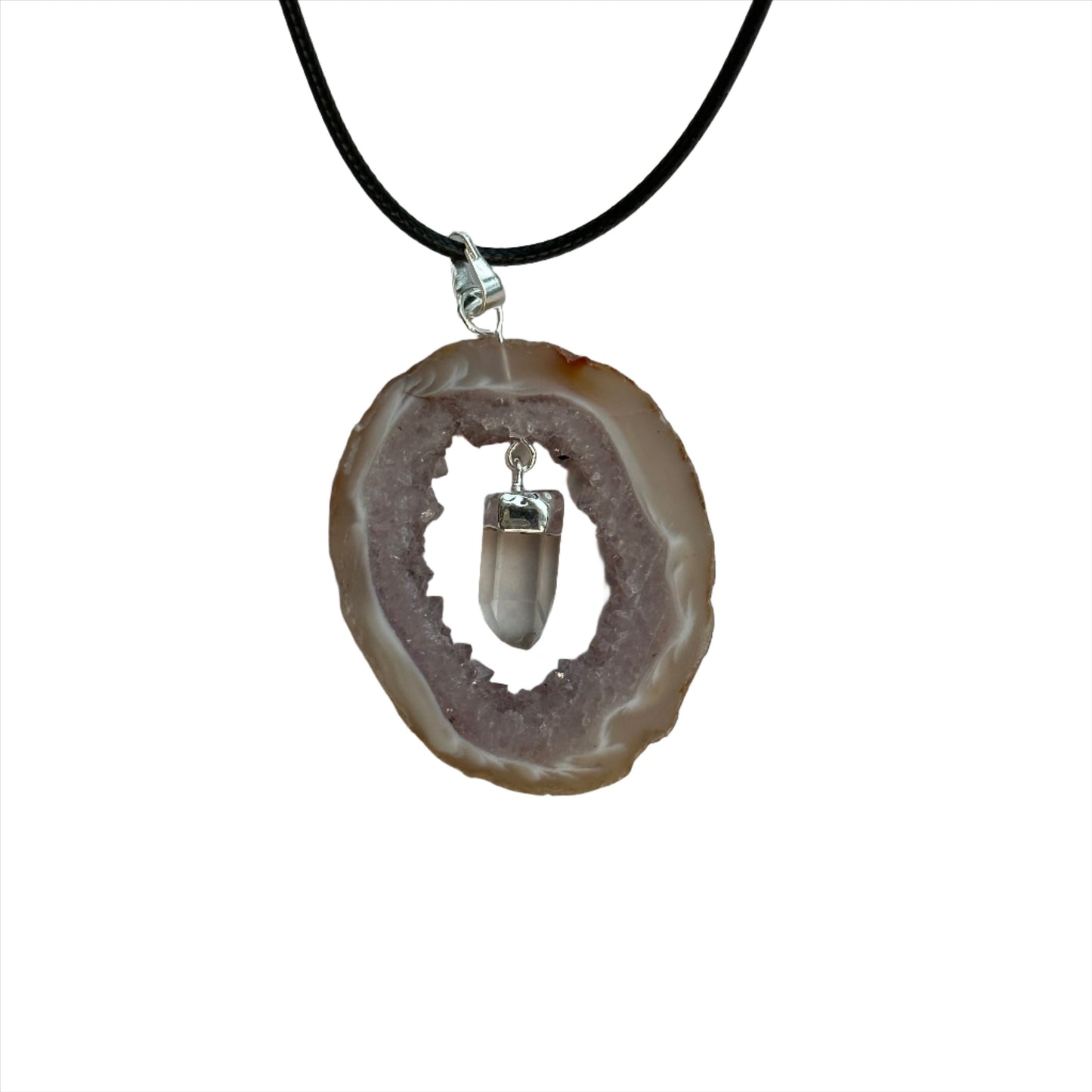 Agate slice and clear quartz pendant necklace for rebalancing energy, cleanses aura, enhances health, mounted on black cord.