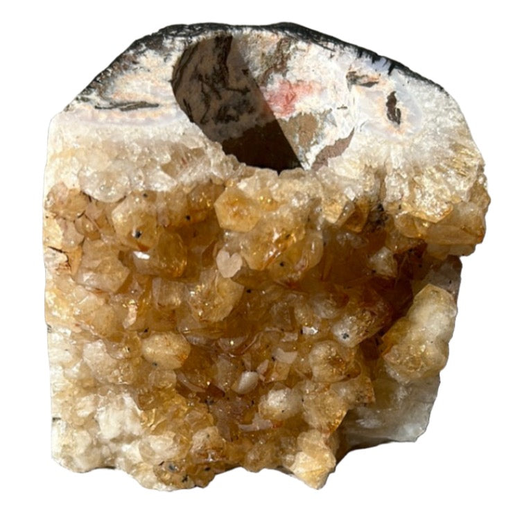 Citrine druze tealight candle holder showcasing natural golden crystal formations for energy and prosperity.