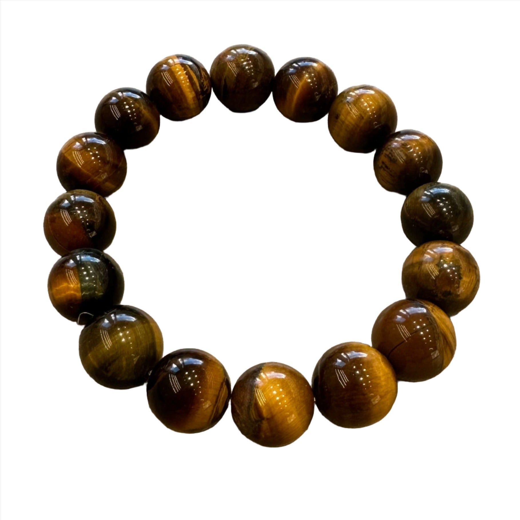 "13mm Tiger Eye Bracelet for focus, protection, and mood stabilization with round polished beads offering good luck and enhanced willpower."