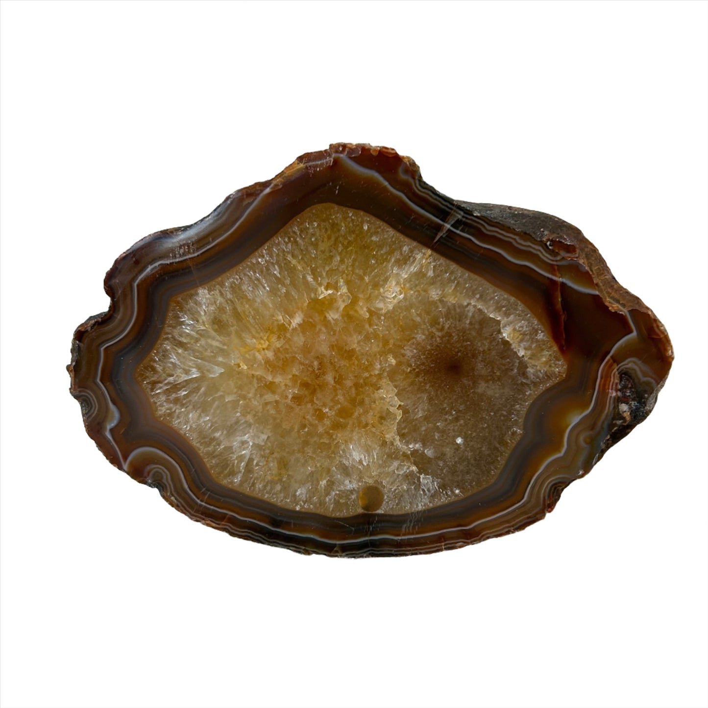 "Agate natural slice with brown and white crystal layers for healing and energy balancing"