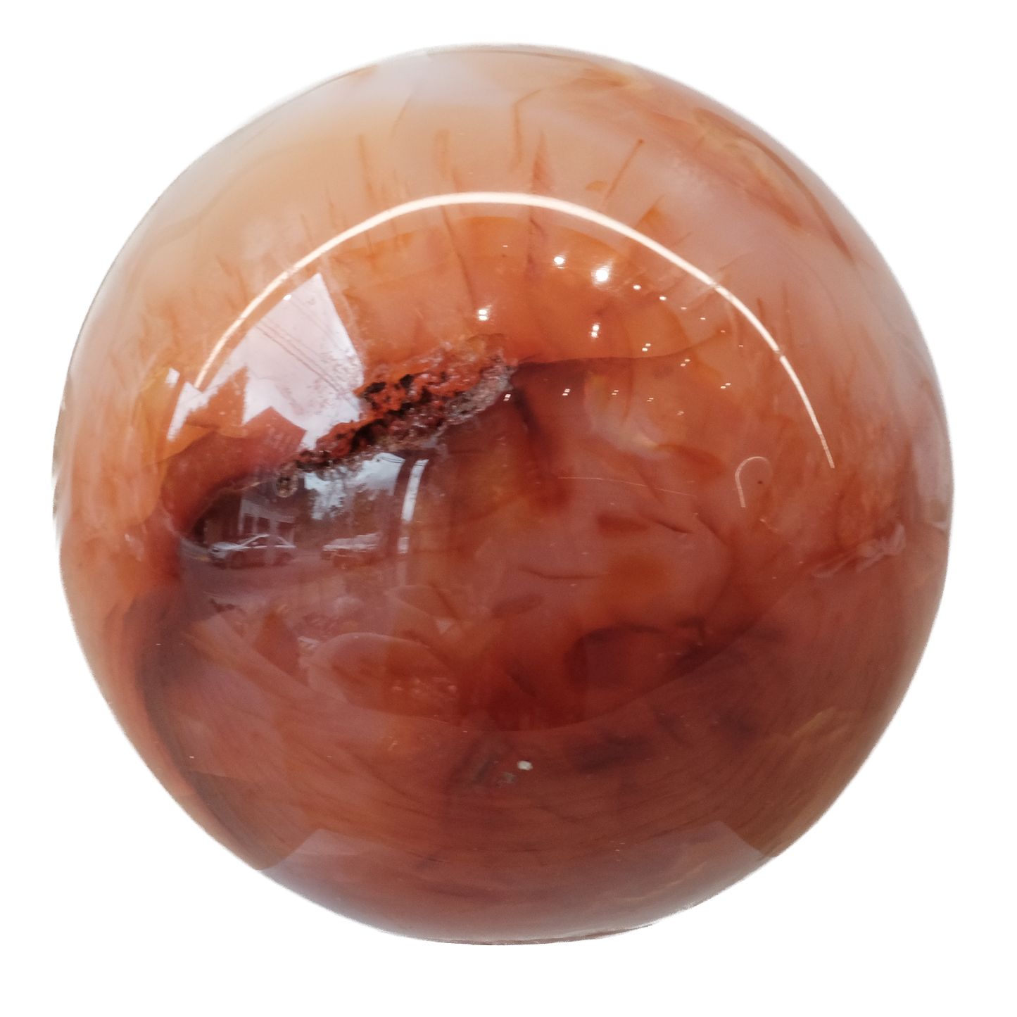 Carnelian sphere 338g enhancing vitality, creativity, and motivation; promotes positive life choices and healing properties.