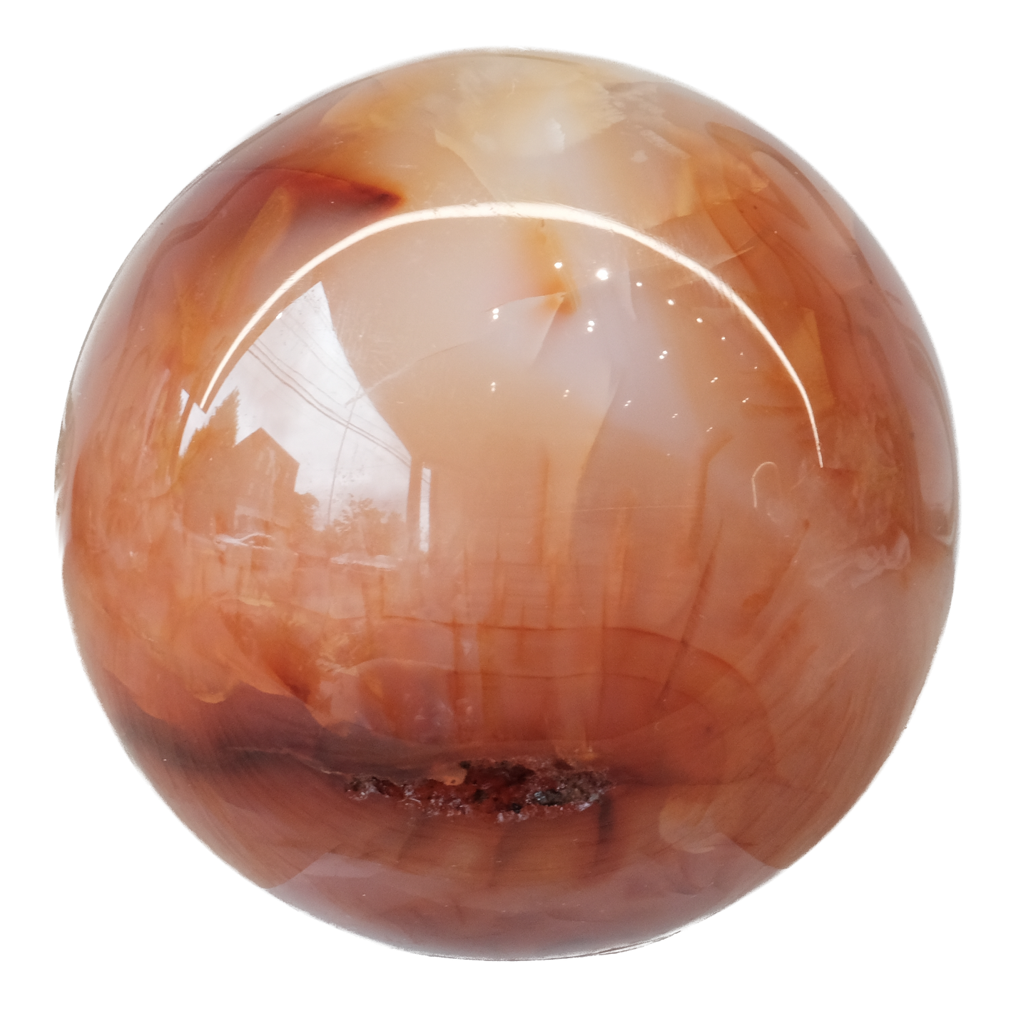 Carnelian sphere 338g, promotes creativity, vitality, and healing for lower back, arthritis, and boosts fertility.