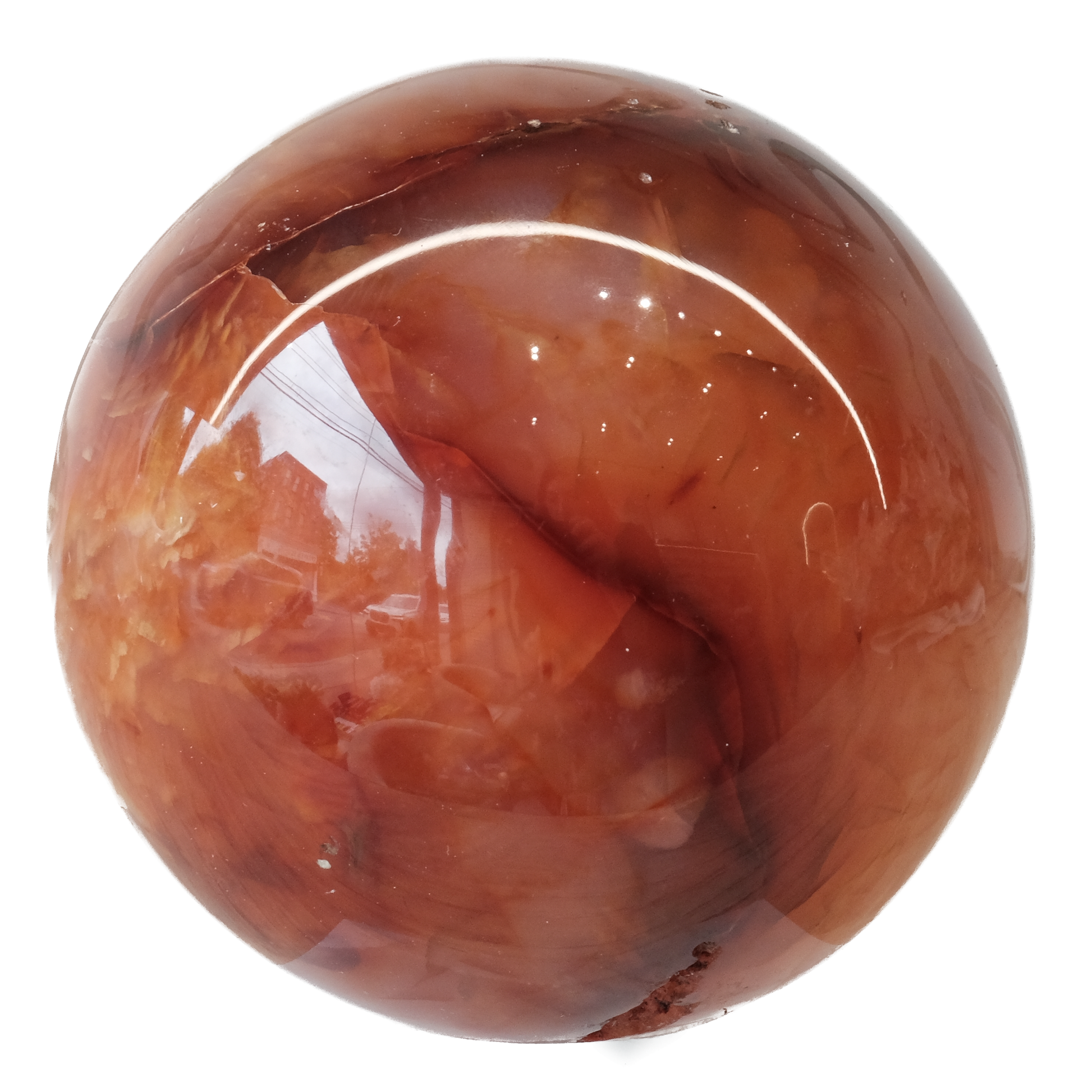 Carnelian sphere 338g promoting vitality, creativity, and healing for lower back problems and arthritis.