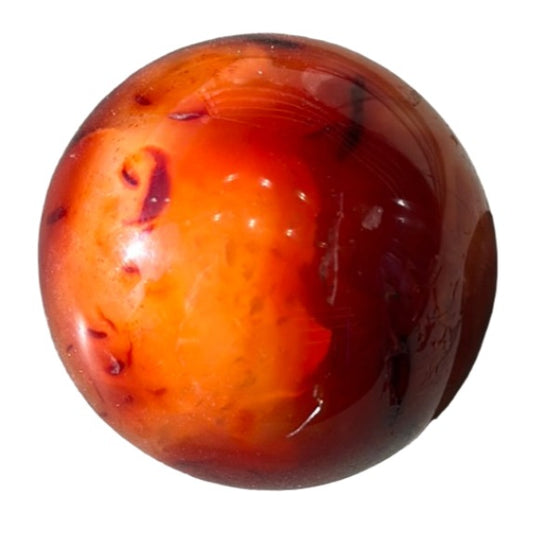 Carnelian sphere 487g showcasing vibrant orange and red hues, promoting vitality, creativity, and healing.