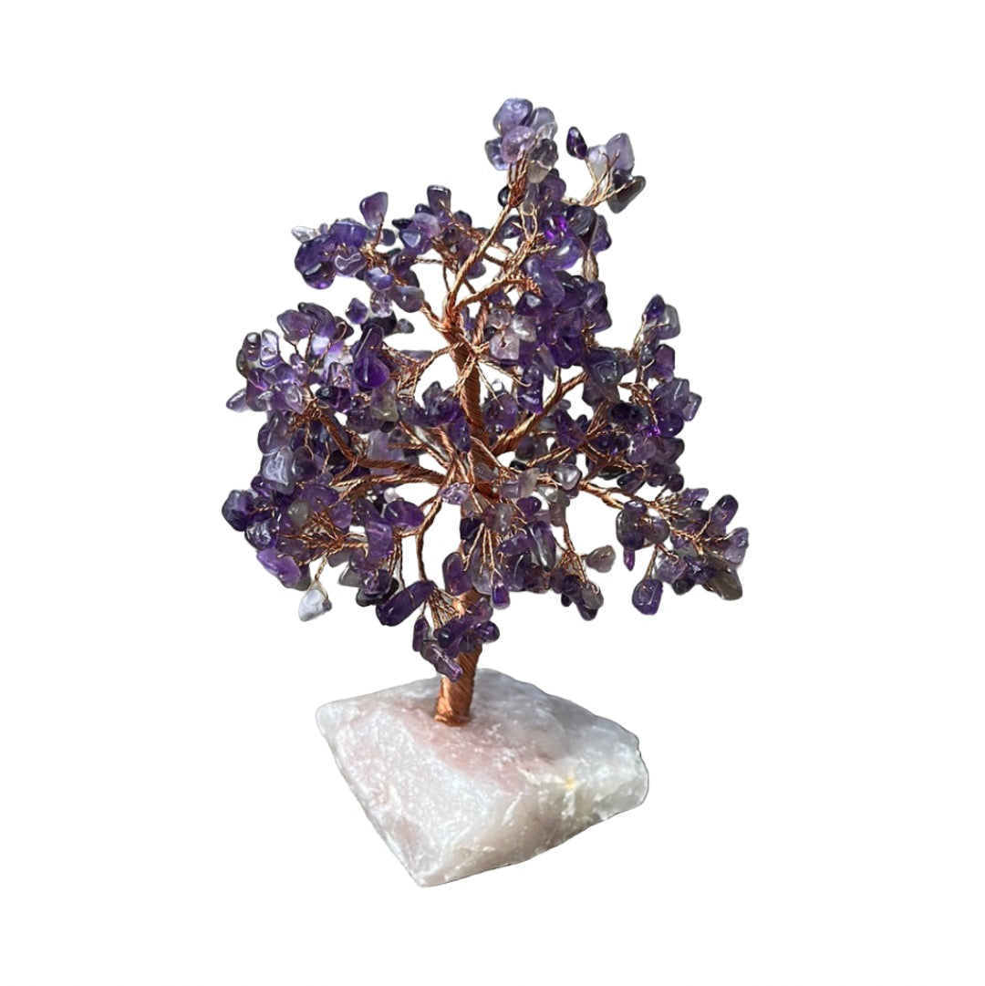 Amethyst Tree of Life with 414 crystals on a rose quartz base, hand-made gemstone tree, approximately 8 inches tall.