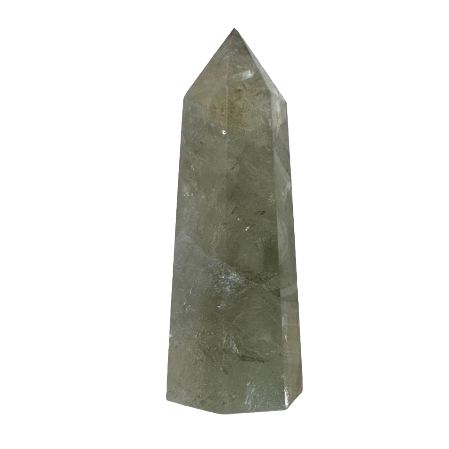 Prasiolite Tower crystal, green quartz gemstone for heart chakra activation and positive energy transformation.