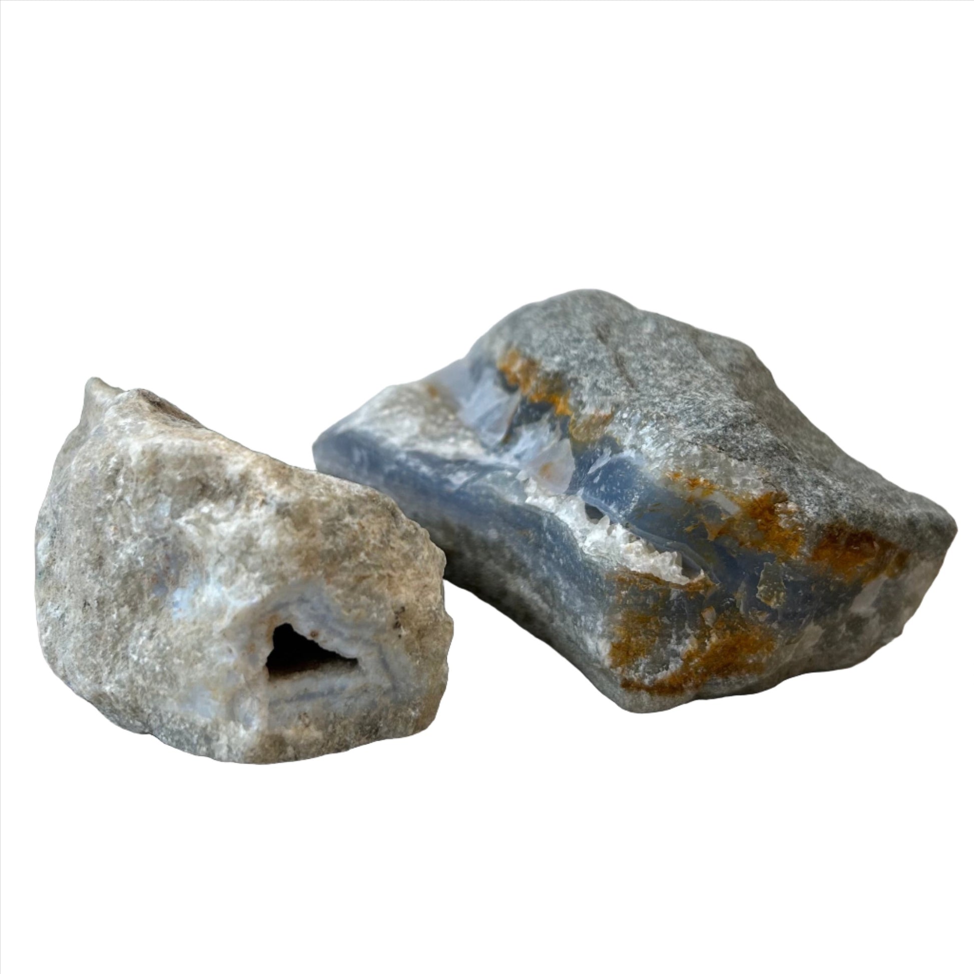 Blue Lace Agate rough stones with calming properties, ideal for enhancing self-assurance and throat healing.