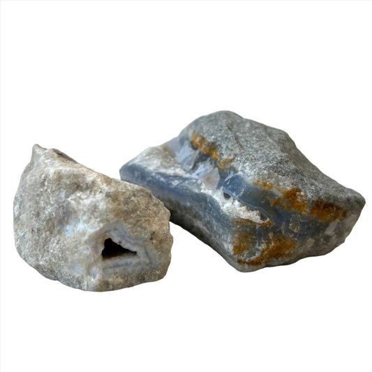 Blue Lace Agate rough stones with calming properties, ideal for enhancing self-assurance and throat healing.