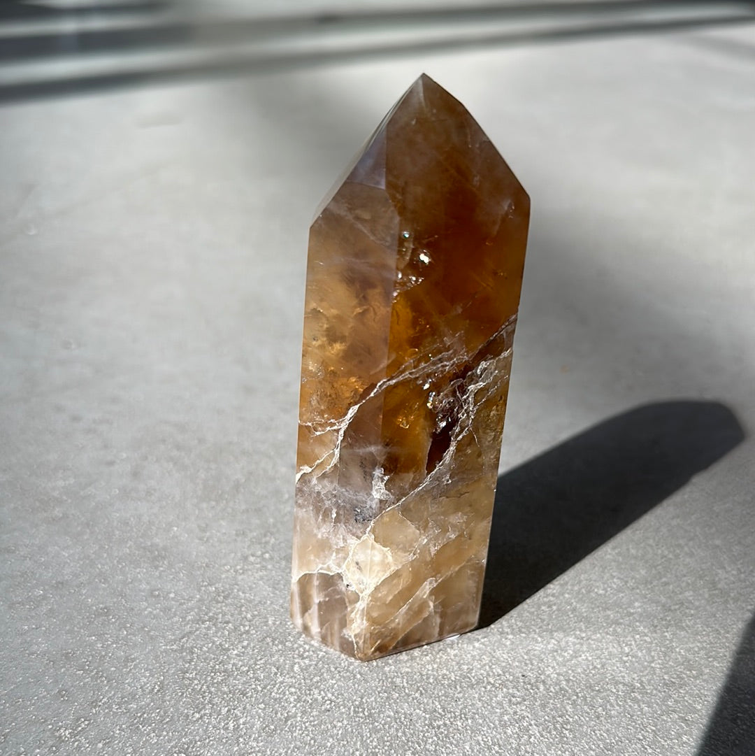 Citrine tower crystal, 10.83 oz, enhances intuition, attracts wealth, promotes joy and self-confidence.