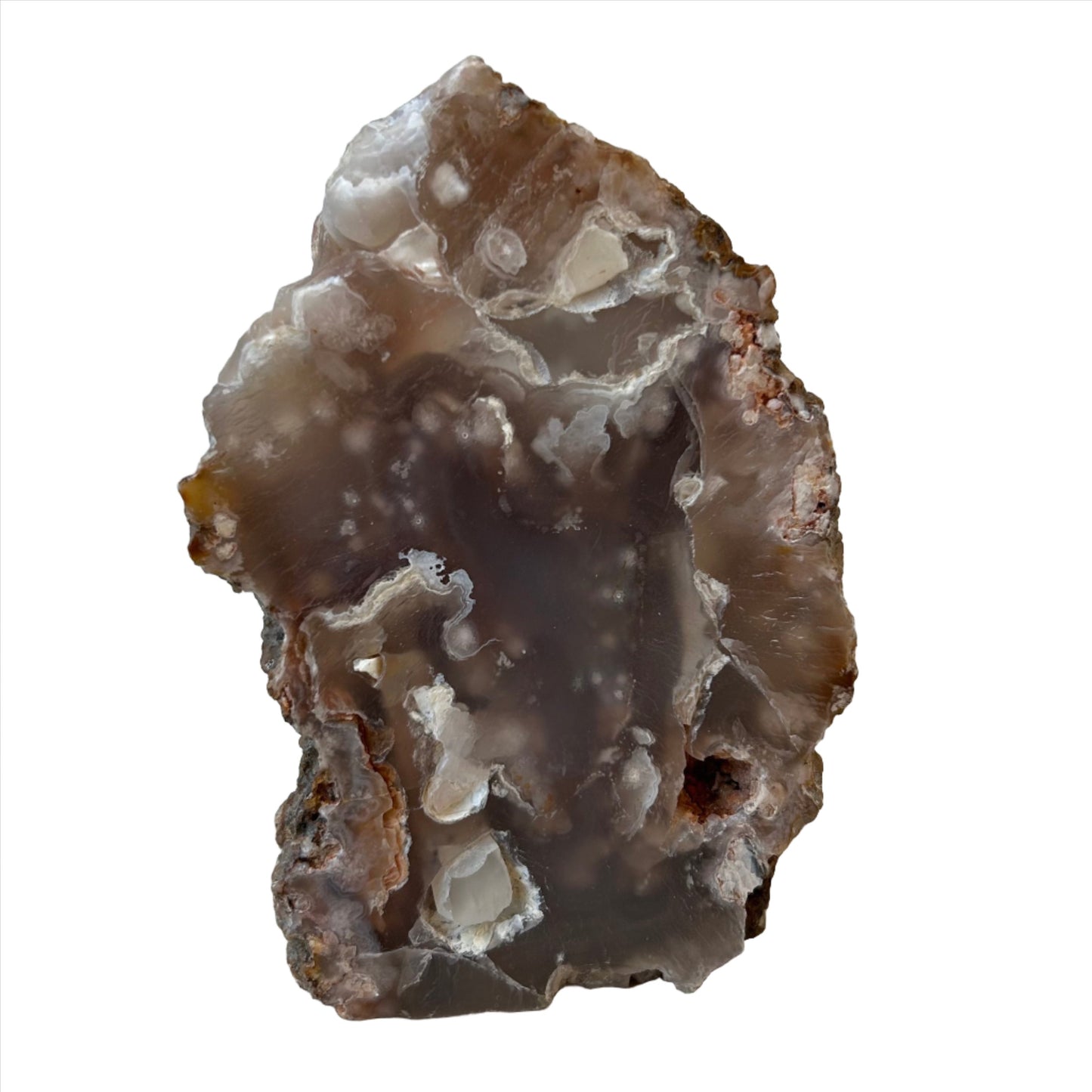 Flower Agate Free Form 570g crystal with light pink hues and healing properties, promoting relaxation and skin health.