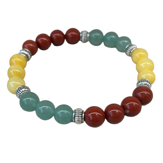 Multi-colored gemstone bracelet for blood disorder relief and anemia alleviation.