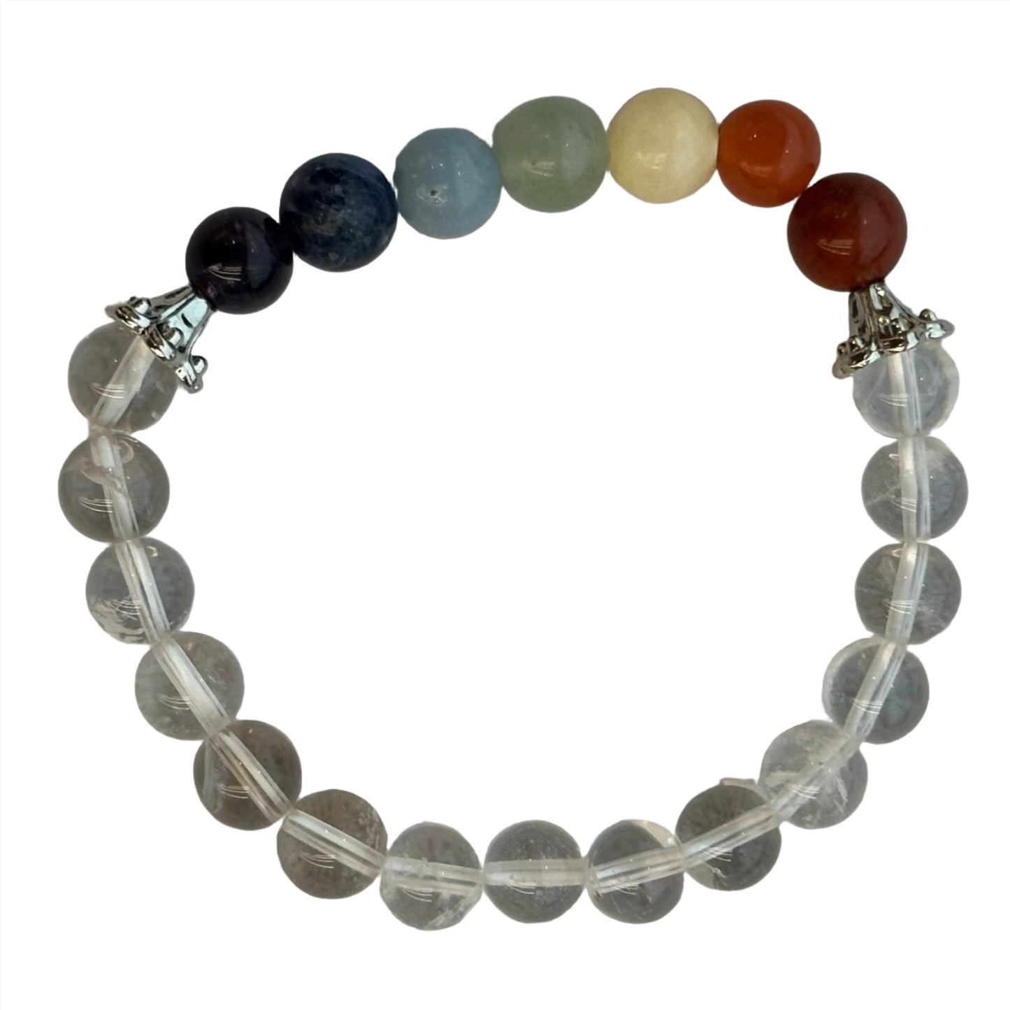 Clear Quartz Energy Center Bracelet with 8MM Beads, featuring multicolored stones.