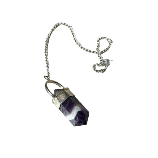 Chevron amethyst pendulum with distinctive purple and white pattern, known for promoting calmness and relaxation.