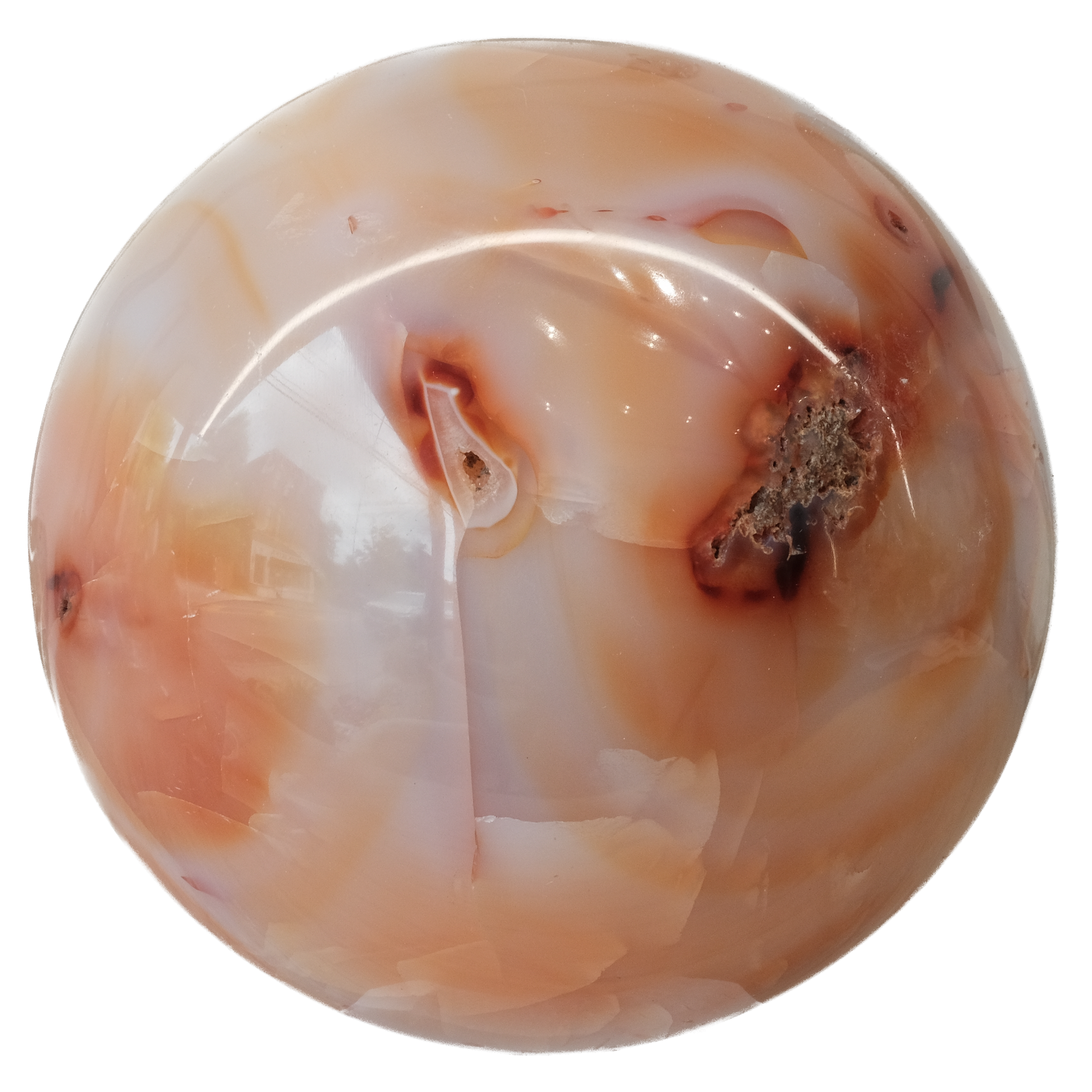 Carnelian sphere 3.5 inches diameter, showcasing reddish-orange and brownish-red chalcedony healing properties.