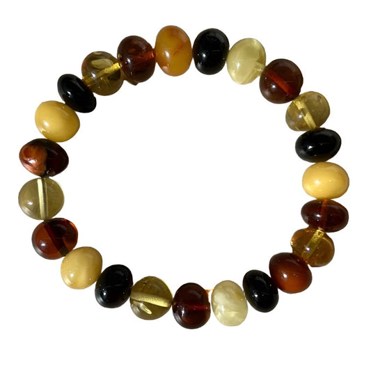 Adult size 9-10MM tricolor amber beaded bracelet for healing and cleansing, featuring assorted gemstone colors.
