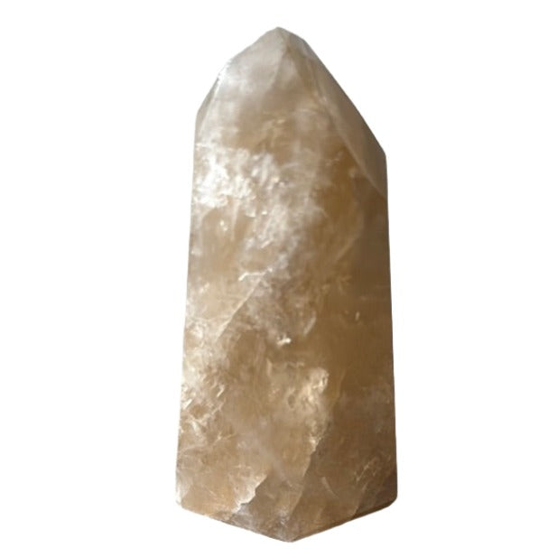 Citrine tower crystal, 4.39 oz, known for energizing life and attracting prosperity and wealth.