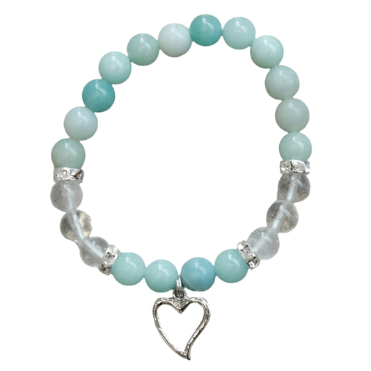 Amazonite Clear Quartz Heart Bracelet 8mm - Calm, Clarity & Speaking Your Truth