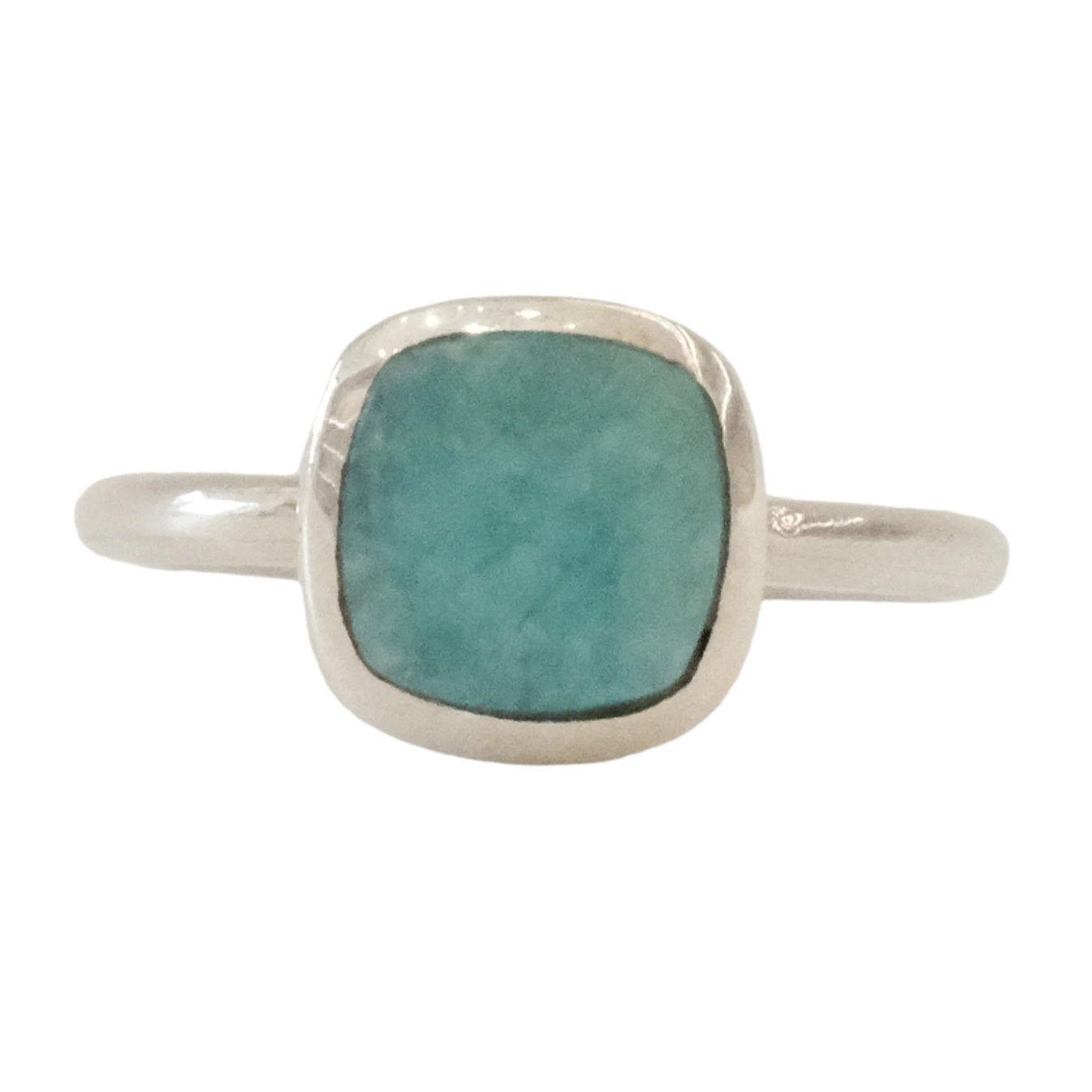 Amazonite square silver ring size 6, calming gemstone jewelry balancing energies and soothing emotional trauma.