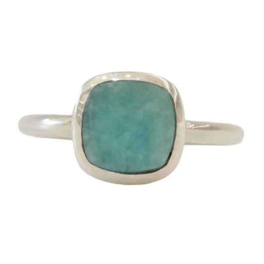 Amazonite square silver ring size 6, calming gemstone jewelry balancing energies and soothing emotional trauma.