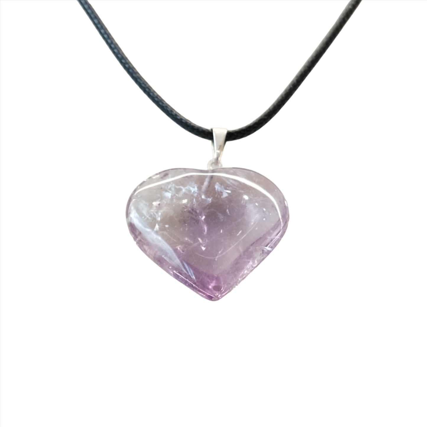 Amethyst heart pendant necklace with healing crystals, known for stress relief and mood stabilization, on a black cord.
