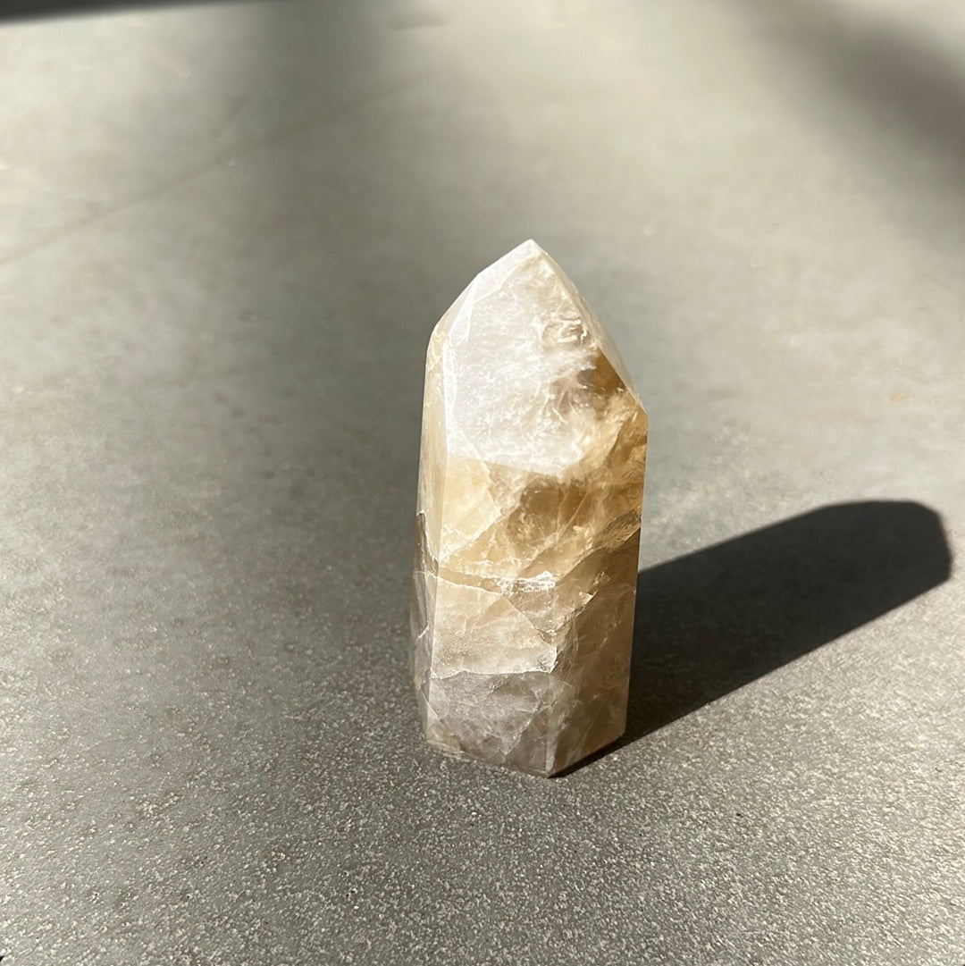 Citrine Tower crystal, 6.91 oz, promotes wealth, intuition, and self-confidence, with a natural cut and shine.