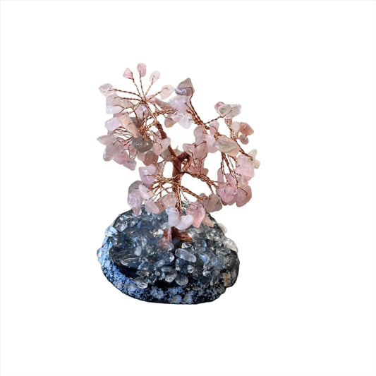Rose Quartz Tree of Life with Agate Base featuring 108 Natural Gemstones on White Background