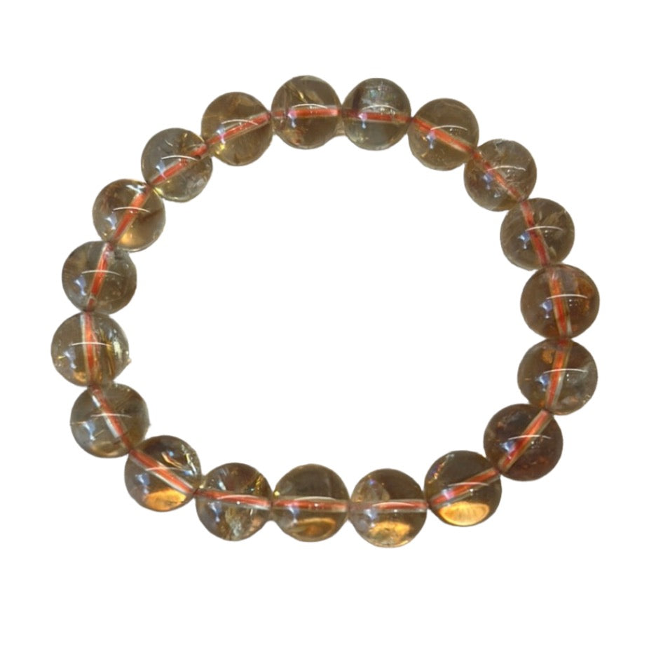 Citrine bracelet with 9-10mm beads, known to energize life and enhance intuition, attract wealth, and boost self-confidence.